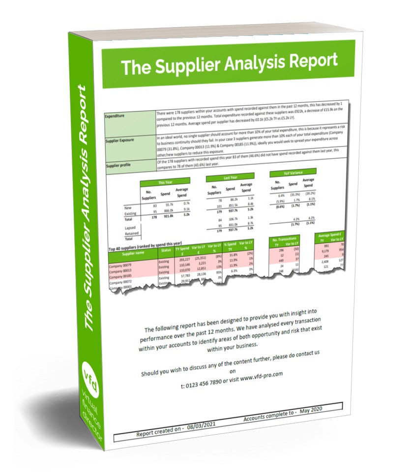 Picture of the front cover of the Supplier Analysis Report which provides a detailed analysis of the movement in supplier expenditure, exposure and profile, supported by highly granular analysis of suppliers and movement in purchasing trends in the last two years