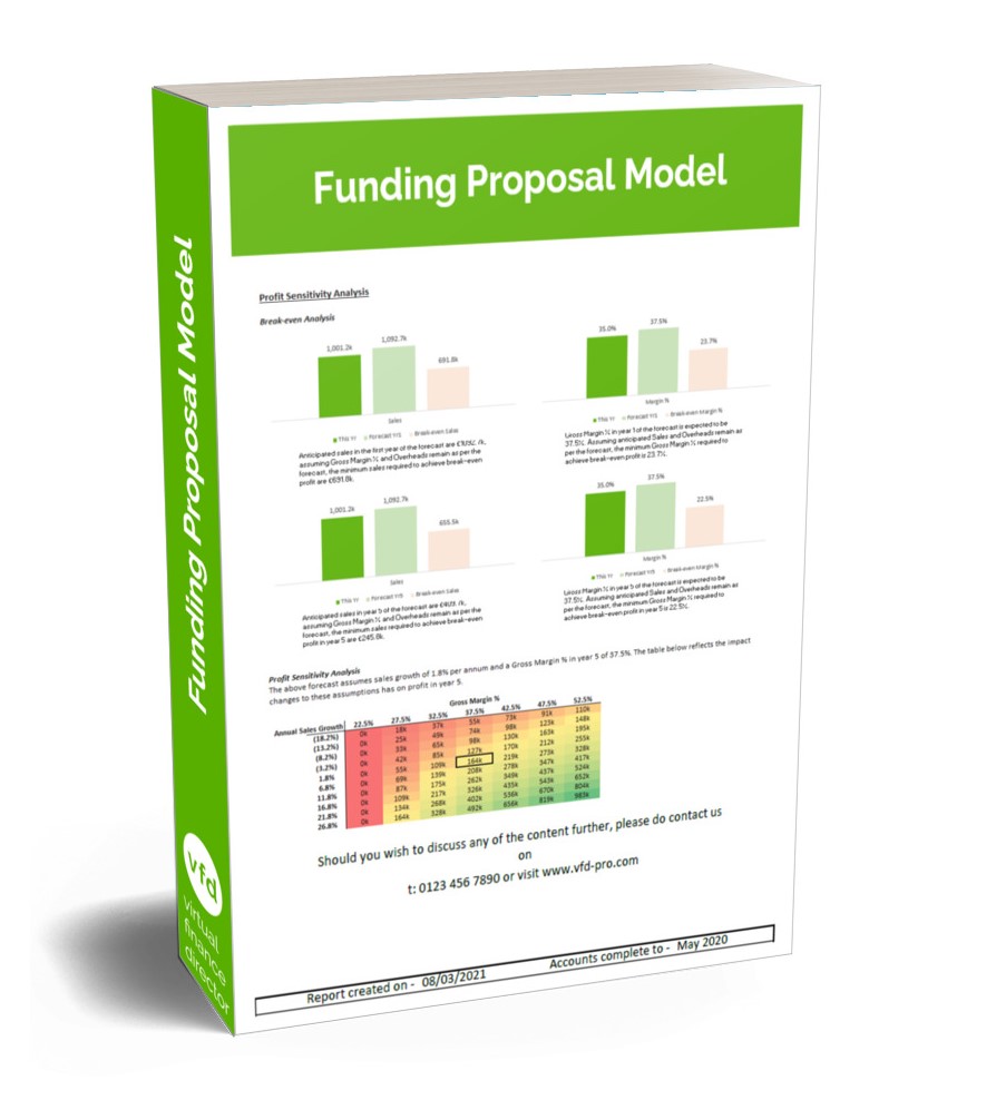 Picture of the front cover of the Funding Proposal Model. Generated from the Forecast and Funding Proposal Model, this auto pre-populates all the qualitative data lenders will require to both simplify the process and provide a significantly more comprehensive proposal to maximise the likelihood of securing funding at the best possible rates.