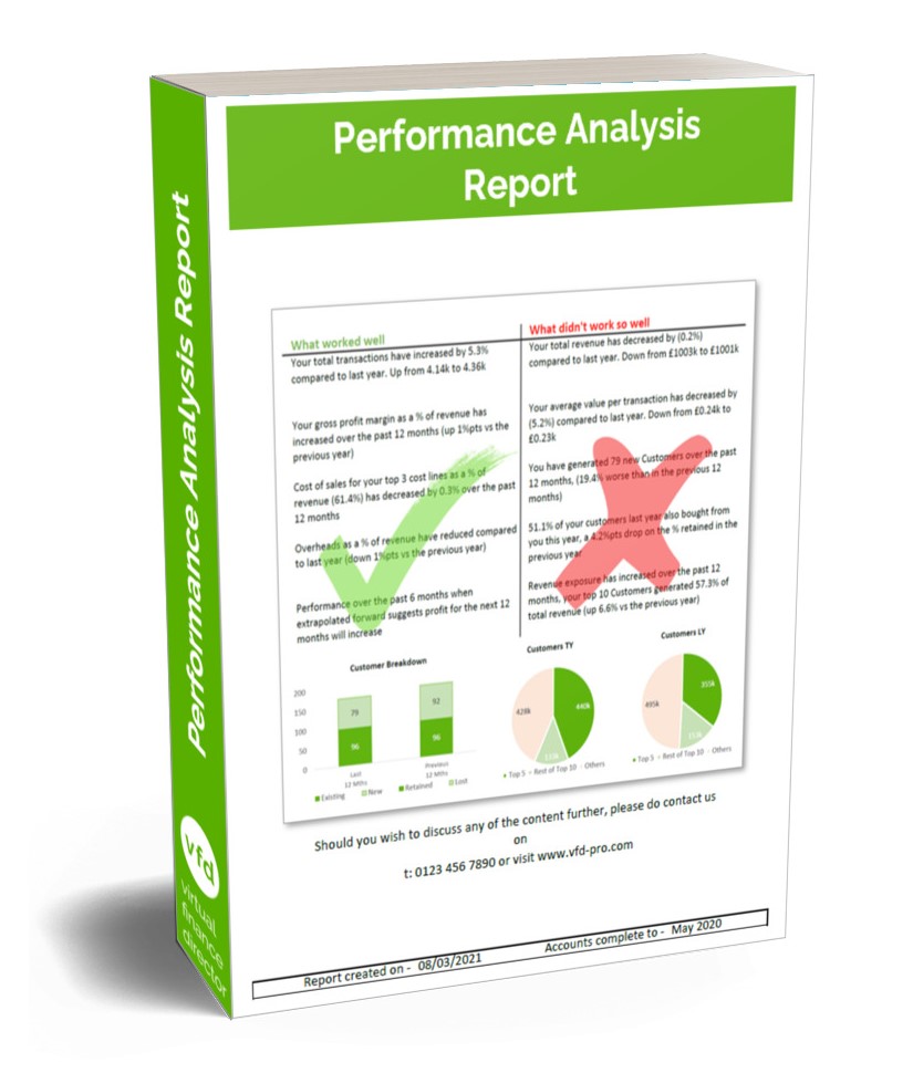 Picture of the front cover of the Business Analysis Report, up to 15 pages of detailed analysis and reporting of the financial key performance indicators (KPIs) to aid management and financial understanding of a business – typically used for an initial or periodic performance review.