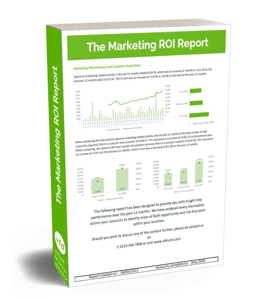 Picture of the front cover of the Marketing Return on Investment Report detailing the total sales and marketing expenditure and key information regarding the ROI in terms of new and existing customers and sale income received from new customers versus marketing expenditure including detailed analysis of the expenditure history with the top 5 suppliers.