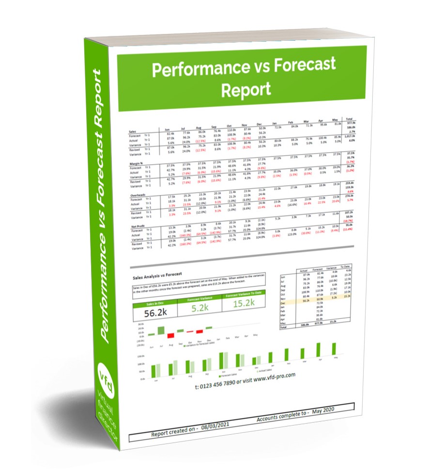 Picture of the front cover of the Performance vs Forecast Report, the ultimate in financial management and control providing unparalleled financial insight to help progressive management teams fully understand what is happening financially within their business as a key part of their monthly reporting and management processes.