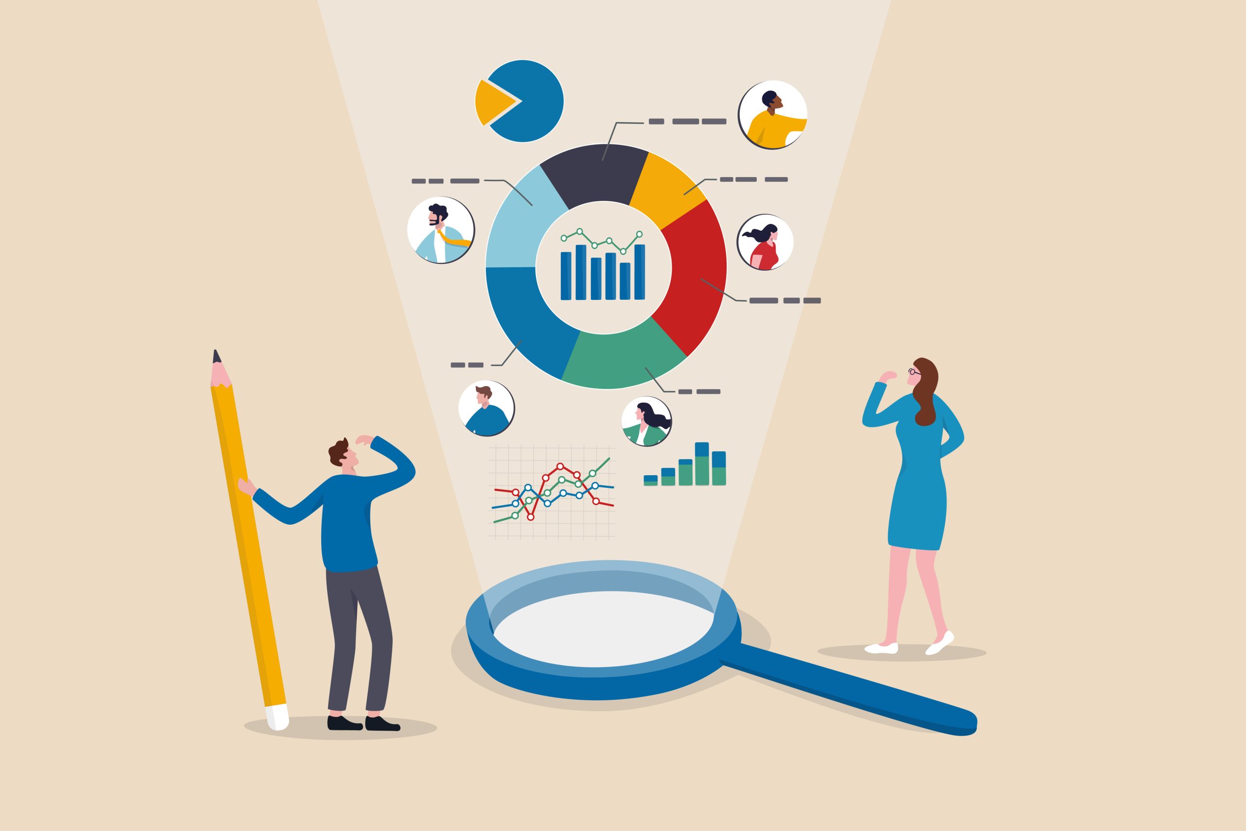Market research, marketing or advertising survey to launch product, competitors research or social media report marketing report concept, business people look at magnify market data chart and graph Image description