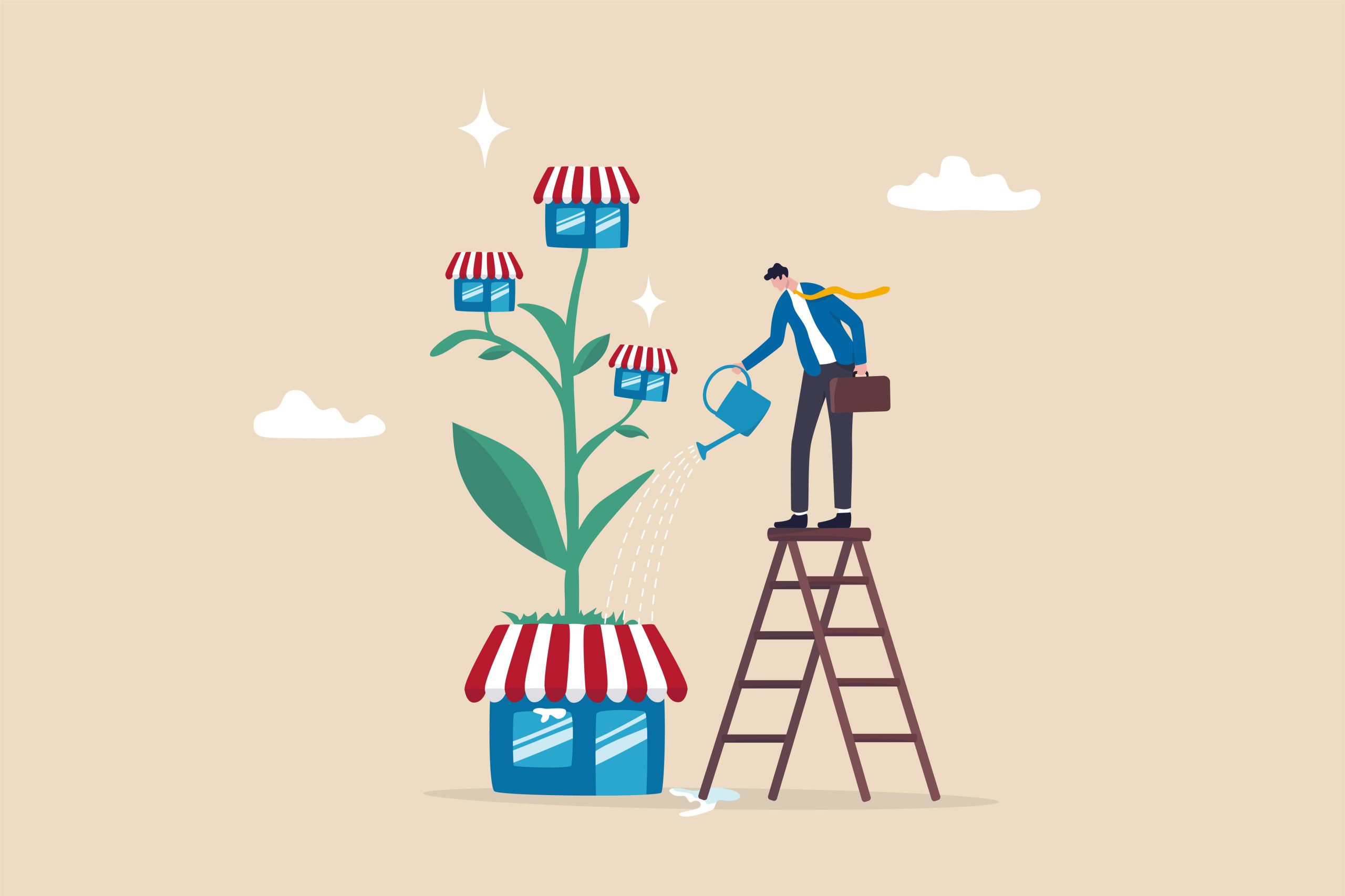 Growing business or expand shop, entrepreneur to start business building company, raising or develop success plan concept, businessman company leader watering shop growing plant with new shop blooming Image description