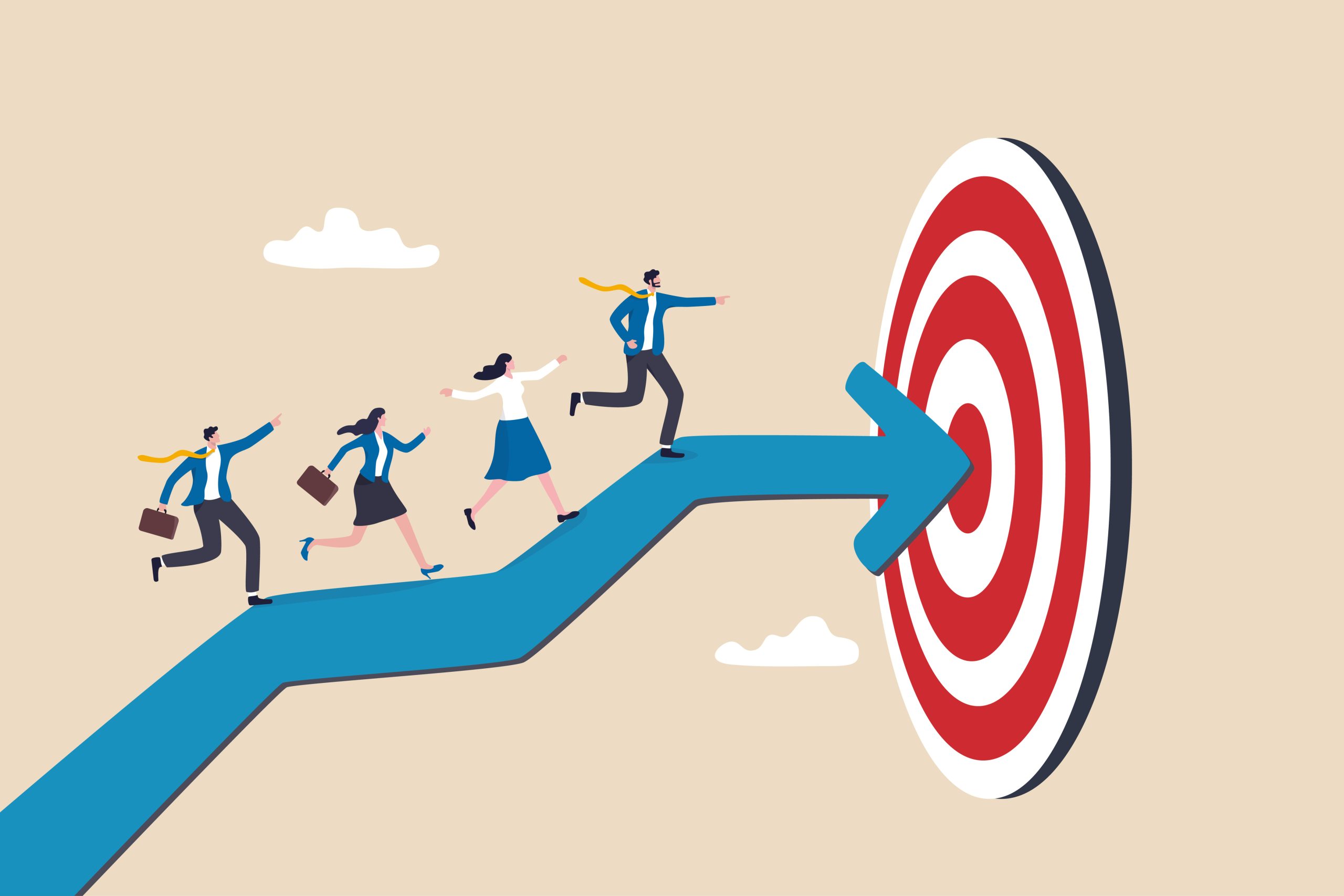 Team target or achievement, teamwork or leadership to lead to achieve goal, business direction or success, career path or growth concept, business people coworkers walking up arrow to reach target Image description