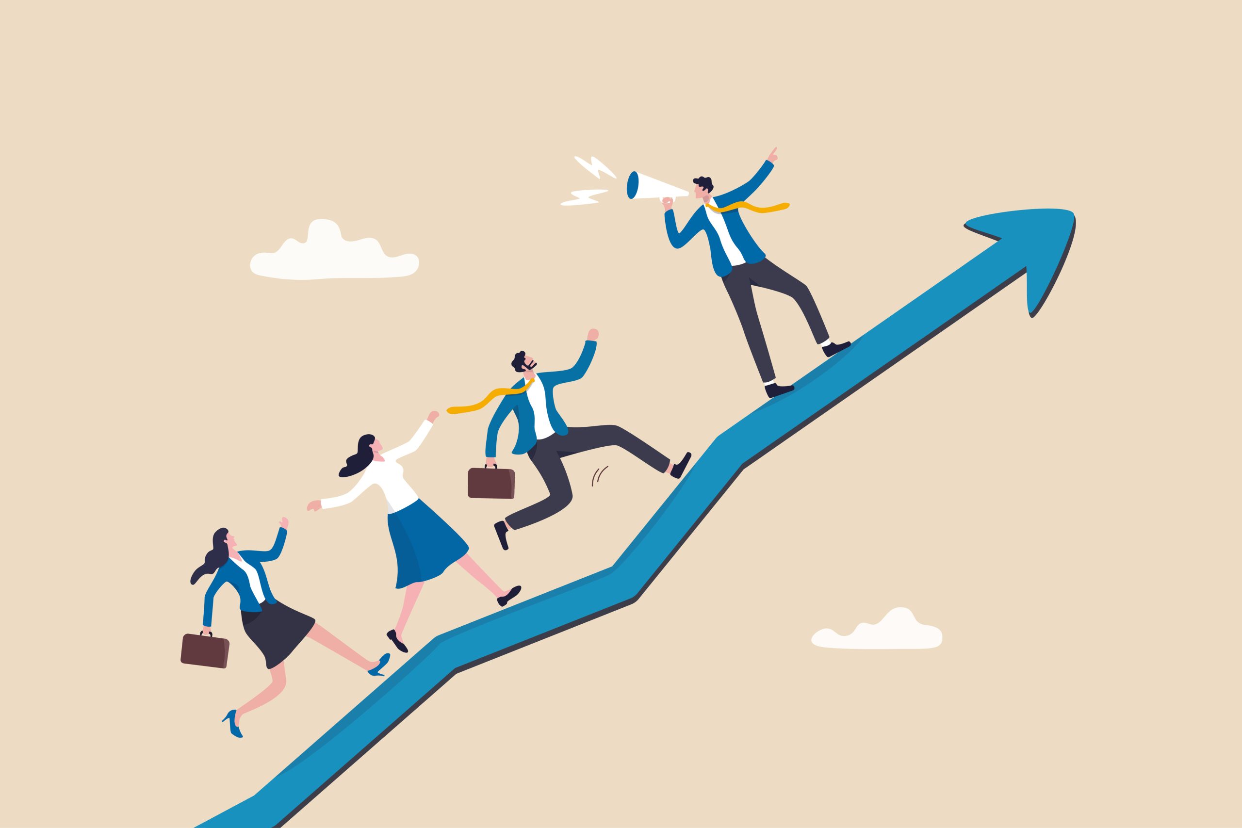 Motivate employee, career improvement or inspiration for self development to success in work, motivation or advice for business growth, businessman with megaphone motivate employees to walk up arrow Image description